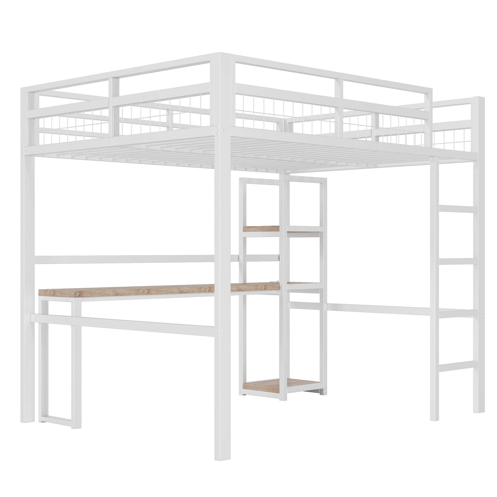 DESMIU Letto a Soppalco Matrimoniale con Scaffali, Scrivania, USB e Type-C 140 × 200 cm, senza materasso, Bianco