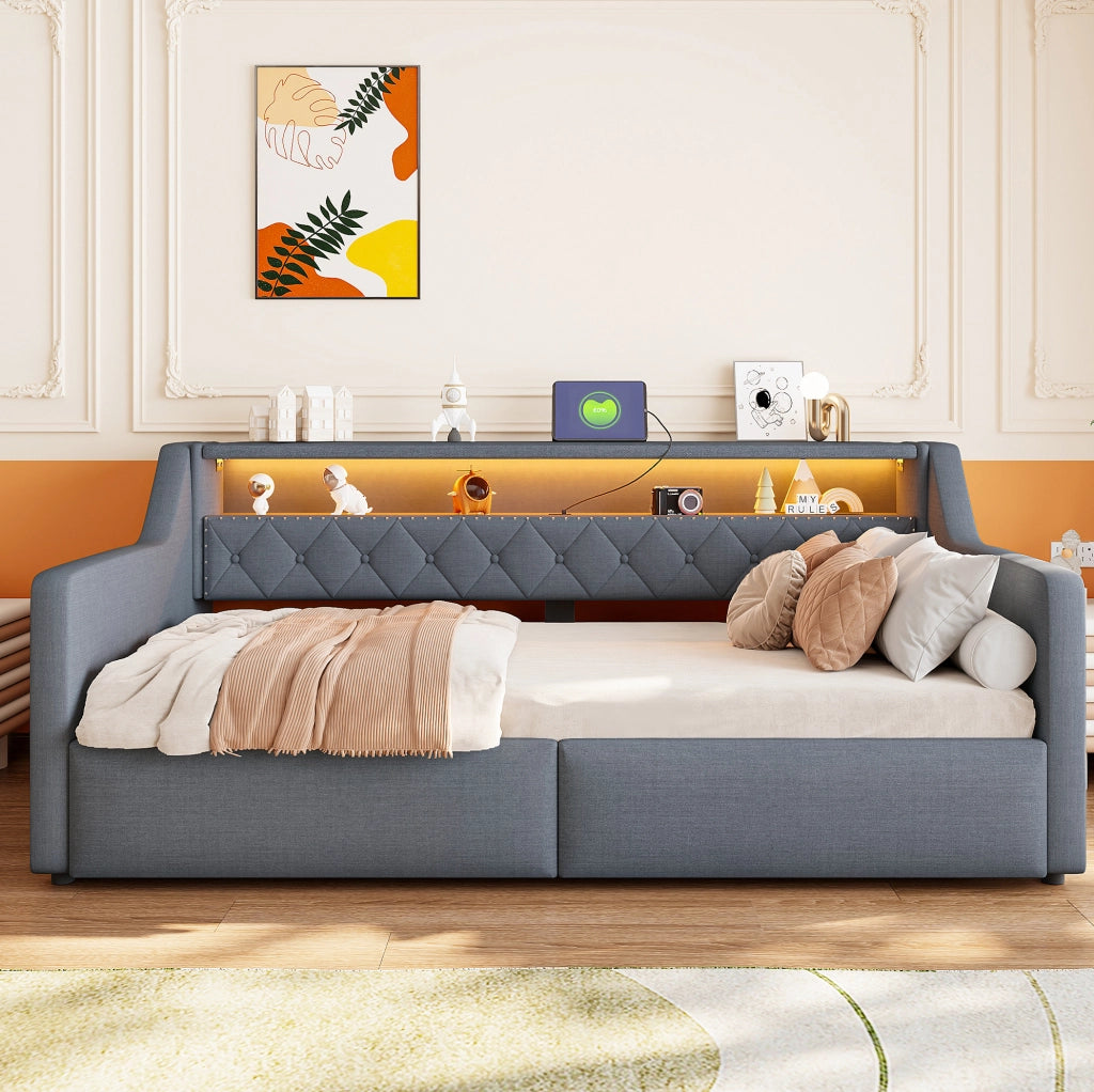 Letto daybed 90x200 cm con LED multicolore; contenitore idraulico; USB e USB-C; in lino grigio
