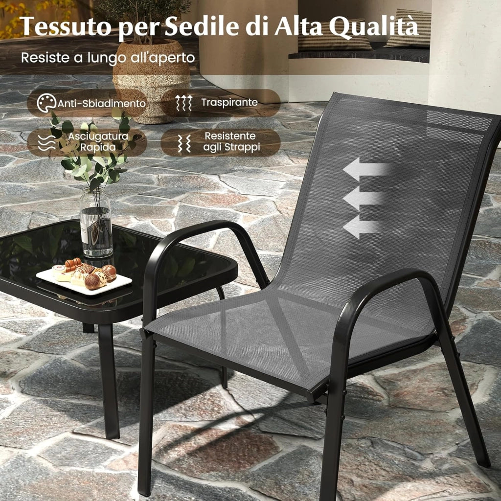 Set Tavolo e Poltrona da Giardino, Set di Mobili 4 Pezzi per Esterno, con Tavolino in Vetro Temperato, Panca e 2 Poltrone, per Giardino Balcone Piscina (Grigio)