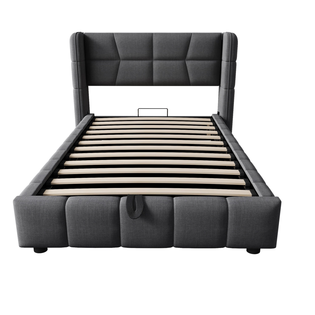 Letto imbottito 90x200 cm con contenitore e testiera in tessuto grigio