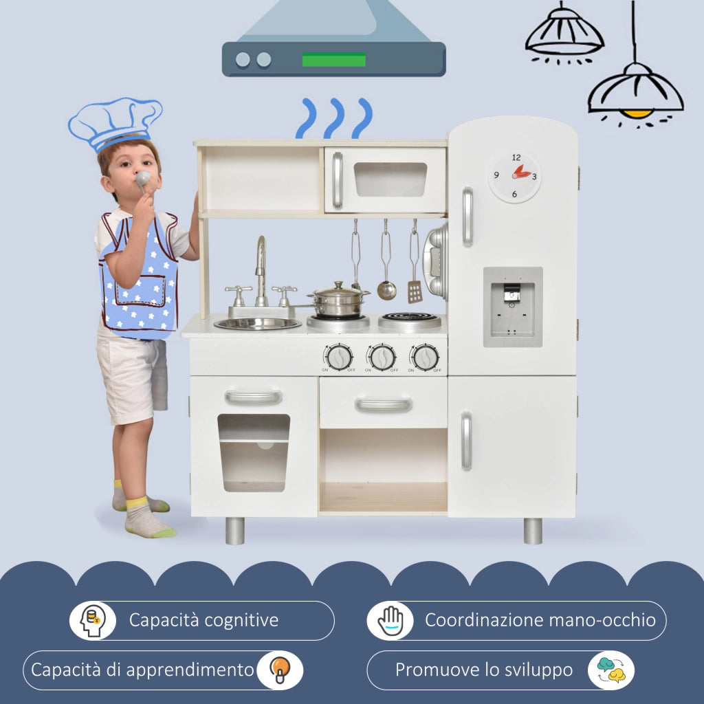 EasyComfort Cucina Giocattolo in Legno per Bambini con Lavandino e Fornelli, Pentole e Utensili in Acciaio, 74x30x81cm, Bianco
