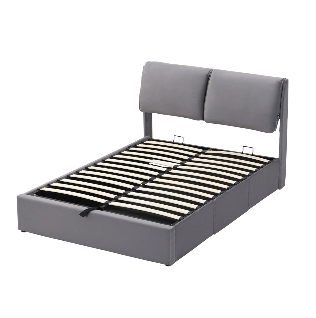 Letto in velluto grigio 140x200 cm con contenitore e 3 cassetti