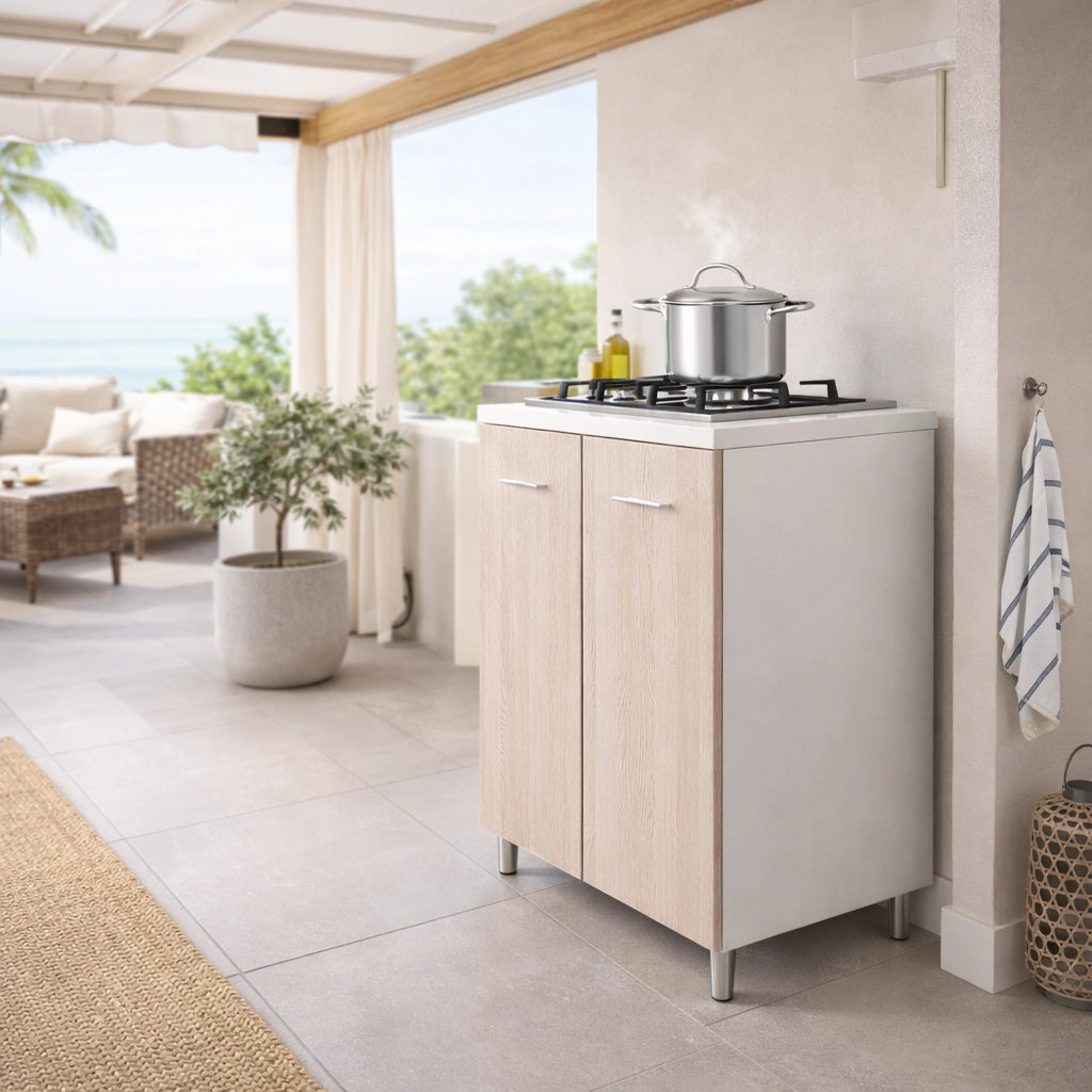 Mobile Mini Cucina 60x40 h85 con Piano Cottura Gas 2 Fuochi Gpl Acciaio Bianco Olmo