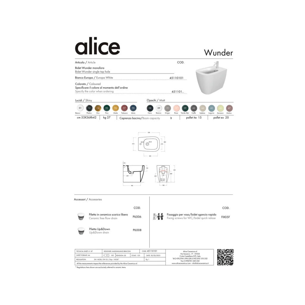 Coppia Di Sanitari Alice Ceramica Da Terra Filo Muro Senza Brida Bianco Lucido "Wunder"
