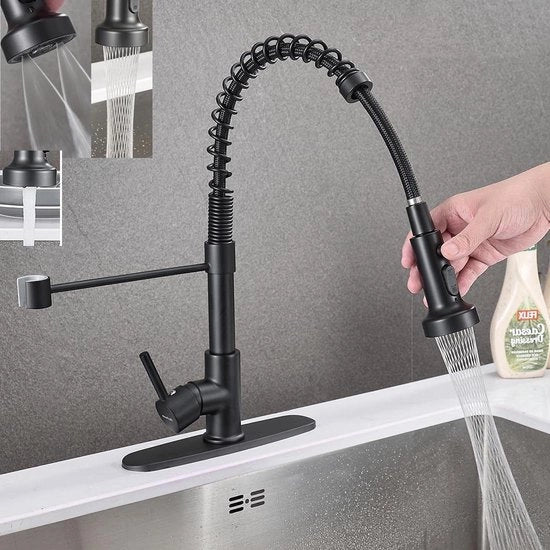 Kraan da cucina nero a 360 gradi girevole - materiale in rame robusto - 3 modalità di getto - tipo pull down - nero lucido