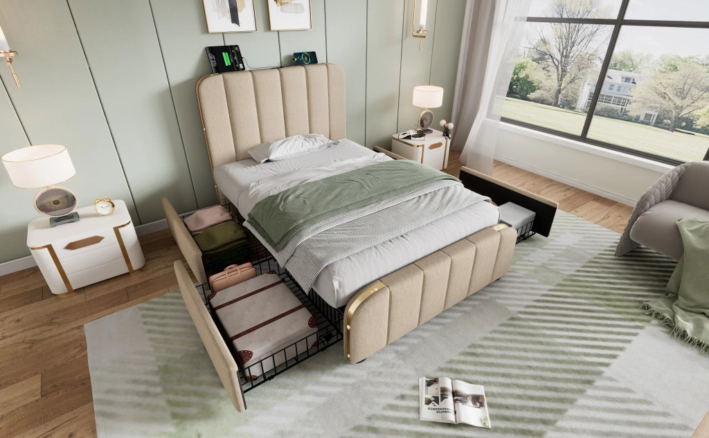 DESMIU Lit semplice 90 × 200 cm con 4 cassetti, USB e Type-C, con materasso, in lino beige