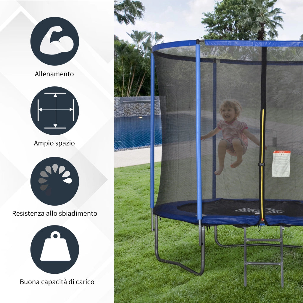 Trampolino Elastico da Esterno, Tappeto Elastico per Adulti da Giardino con Rete di Sicurezza e Bordo Imbottito, Giochi da Giardino e Casa, ?244x240cm, Blu e Nero