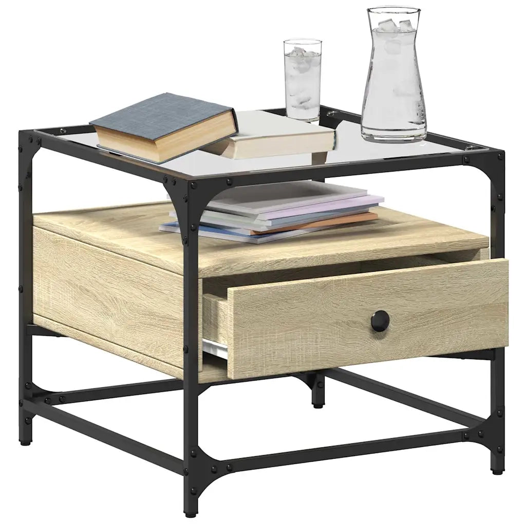 Tavolino da salotto | Tavolino da caff¨¨ | Tavolino da Soggiorno con Piano in Vetro Rovere Sonoma 50x50x45 cm Acciaio