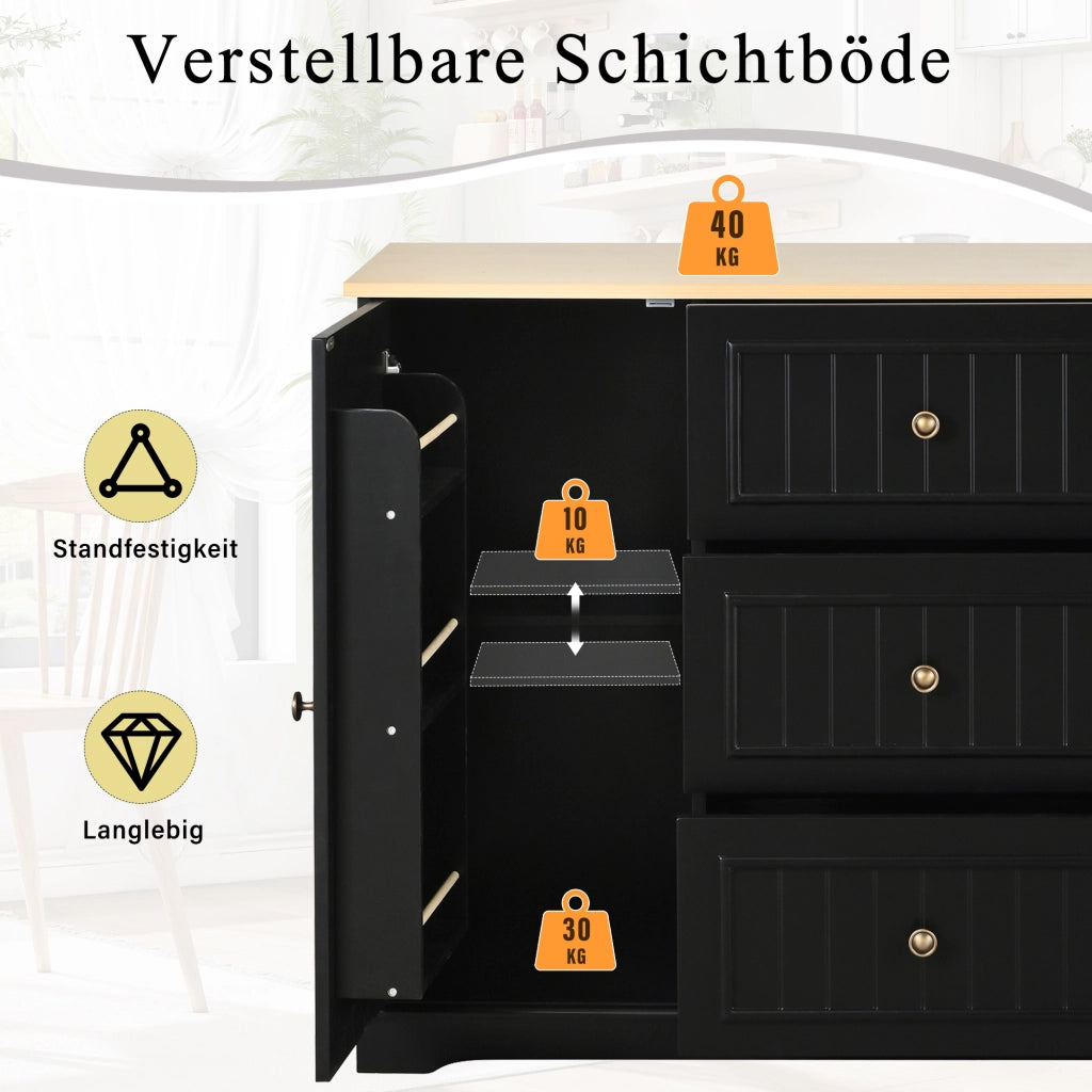 Credenza con 3 cassetti e ripiani regolabili - per cucina - 126×40×86 cm - nero