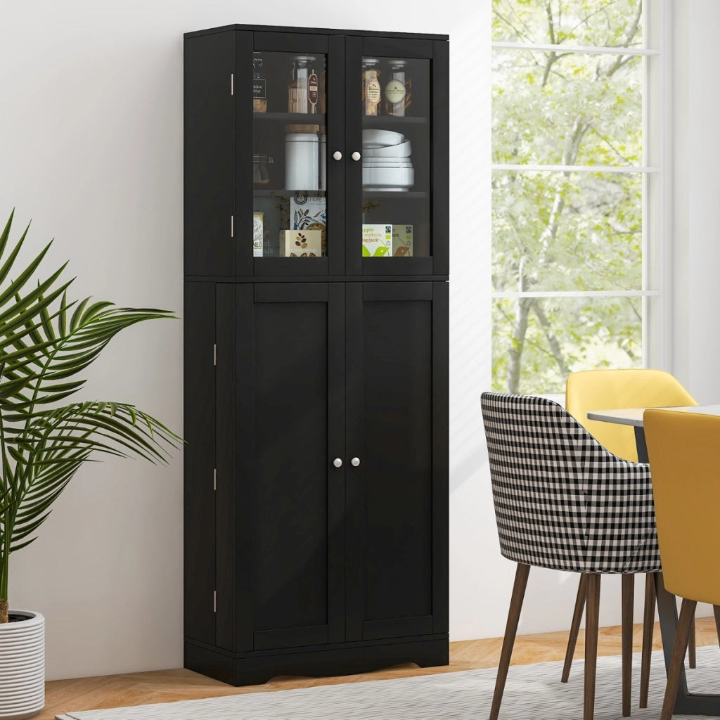 Mobile dispensa da cucina alto 161,5cm con ante in vetro ripiani di stoccaggio, Armadio dispensa per alimenti Nero-Credenze buffet