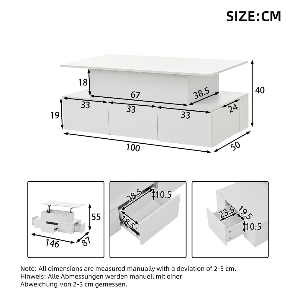 Tavolino da Caff¨¨ Sollevabile con LED e Cassetti ¨C MINIMAL ¨C Bianco, MDF, 100x50x40