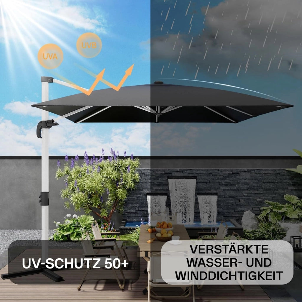 Ombrellone da balcone, in alluminio, con copertura, impermeabile, con manovella, protezione solare UV50+, rotazione di 360°, Tettoia monostrato grigio, 3 * 3M