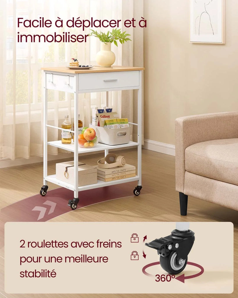 Carrello da cucina su ruote isola cucina mobile 45 x 60 x 90 cm con cassetto e 2 ganci per sala da pranzo bianco 12_0008027