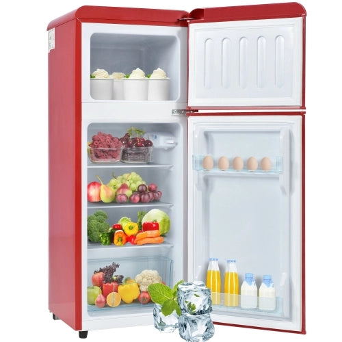 Frigorifero retrò; frigorifero congelatore; doppia porta; volume totale 92L; congelatore 28L; mensole alle porte; scaffali in vetro; luce LED; efficiente energetico; rosso