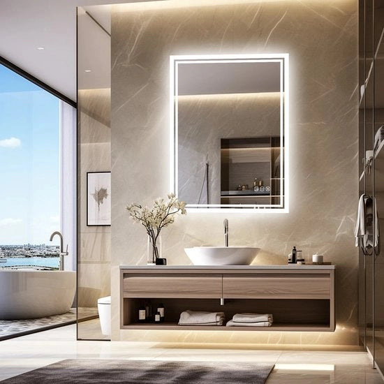 Specchio per bagno moderno - Illuminazione LED a led a basso consumo, colore bianco – Specchio anticondensato - Resistente alla rottura - 60x80cm