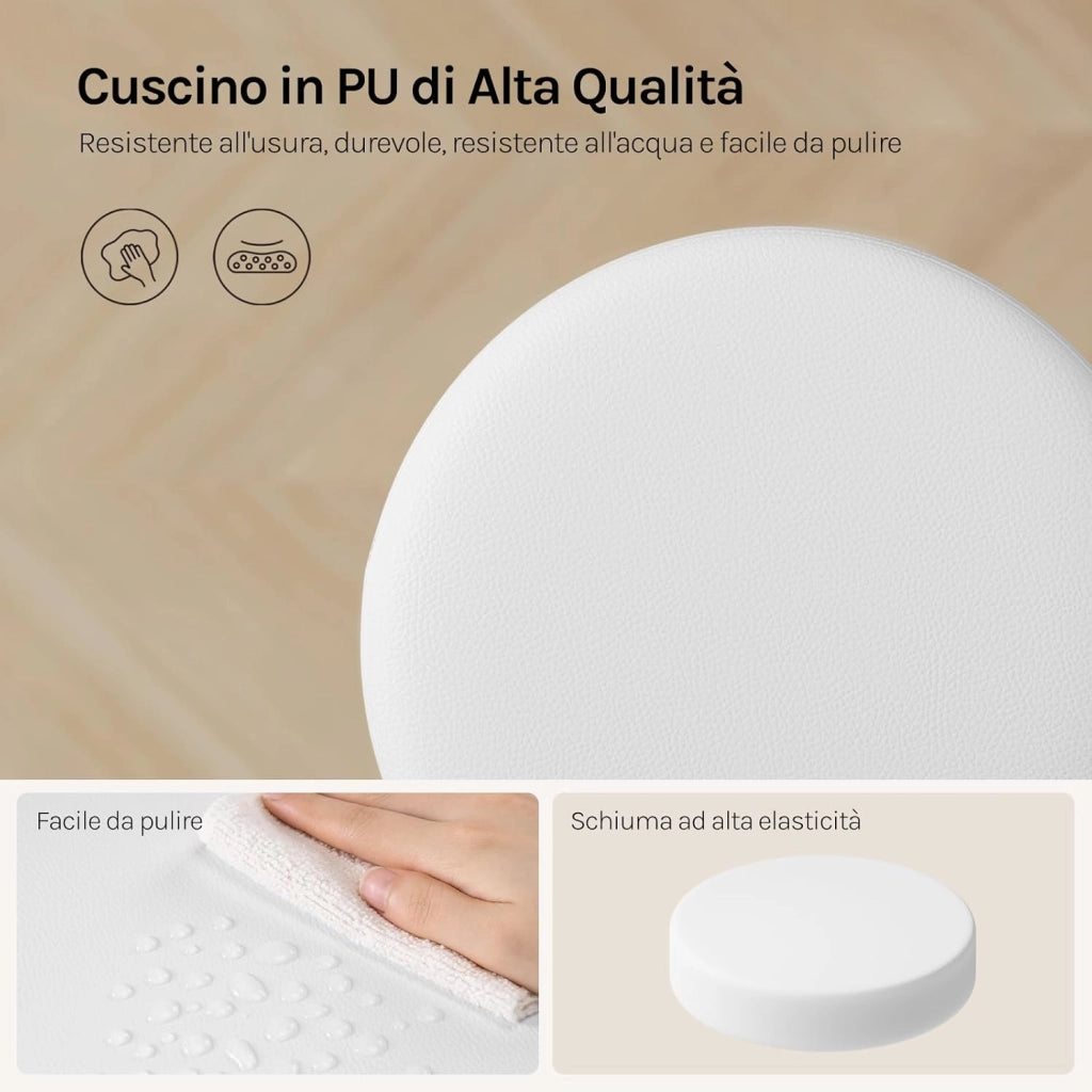 Sgabello da Trucco Rotondo Girevole Regolabile in Altezza, Sgabello Imbottito per Toeletta, Sedia da Cucina in Pelle Sintetica, Altezza Seduta 54-69 cm, Bianco, BH14ws-1