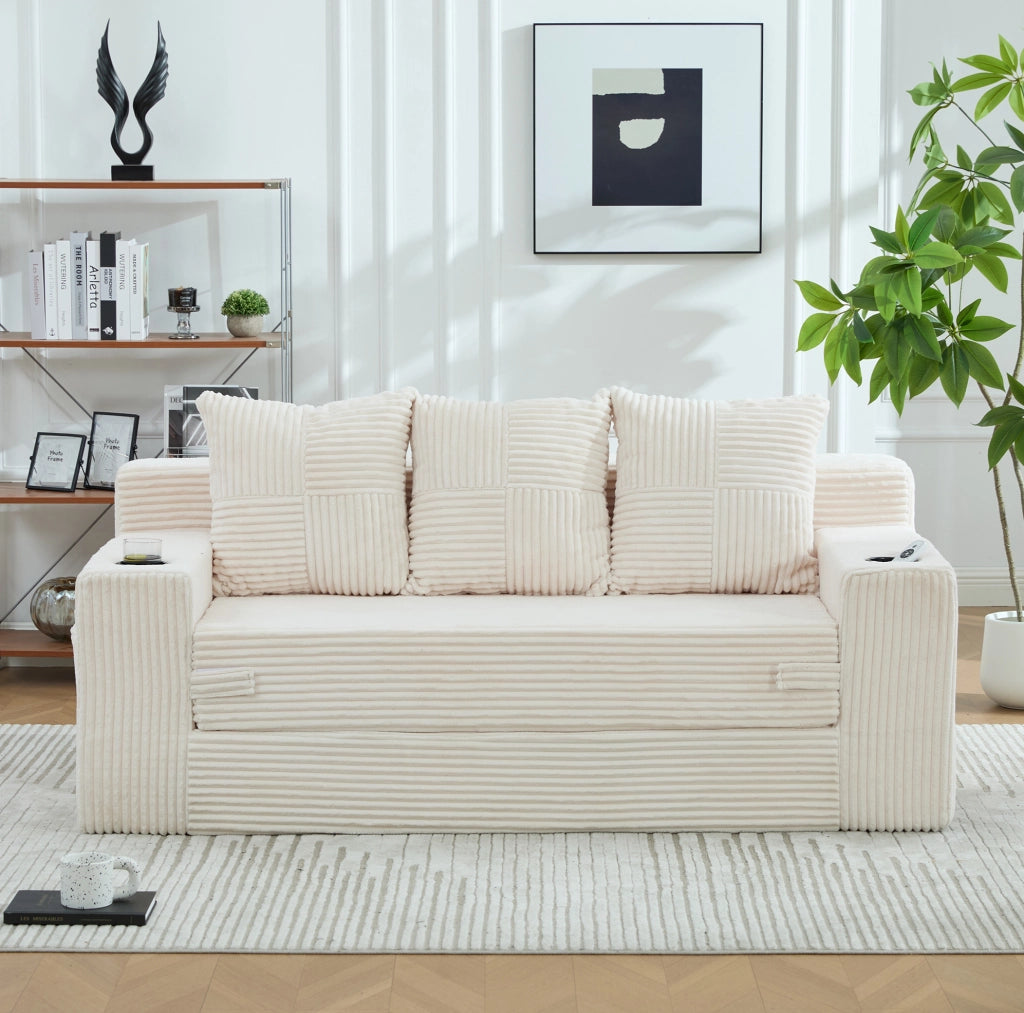 Divano modulare ULEVR 172x87x64 cm a 2 posti, con portabevande e tasche laterali, velluto a coste beige