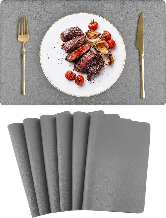 Piatto di protezione per tavolo, set di 6 pezzi, grigio chiaro, impermeabile, lavabile, pelle sintetica, piatto di protezione per tavolo, look in pelle, 42 x 30 cm, per uso domestico, cucina, ristorante e hotel