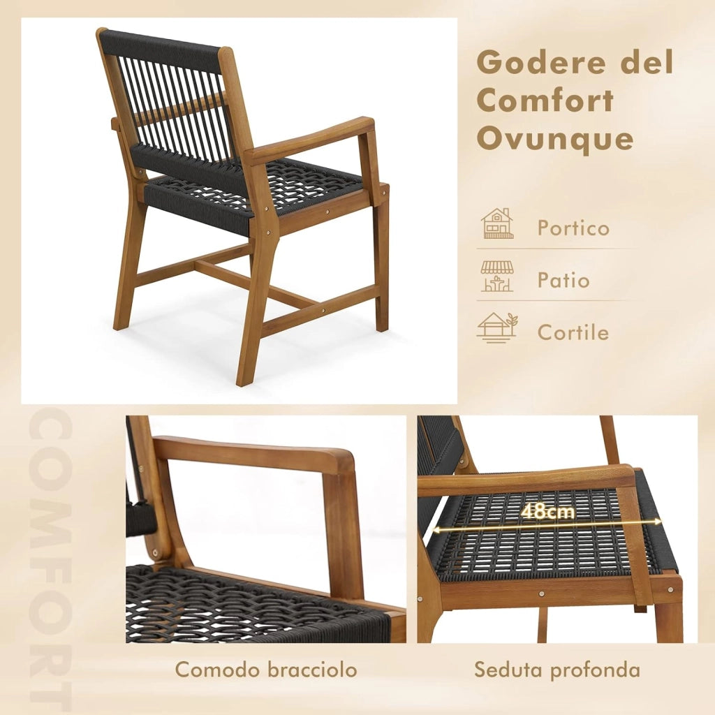 Set di 2 Sedie da Pranzo in Legno di Acacia per Esterno, Sedie da Giardino Intrecciate con Braccioli, per Cucina Patio Prato Giardino