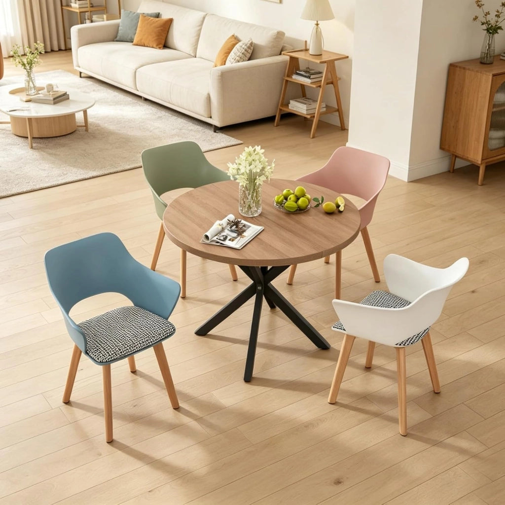 GrandCA HOME Set di Tavolo e Sedie da Pranzo, 100×100×76.5 CM Tavolo da Pranzo Rotondo, 4 Sedie da Cucina Imbottite in Colori Misti, per Sala da Pranzo, Cucina (Venature del Legno Scuro + WGPL)