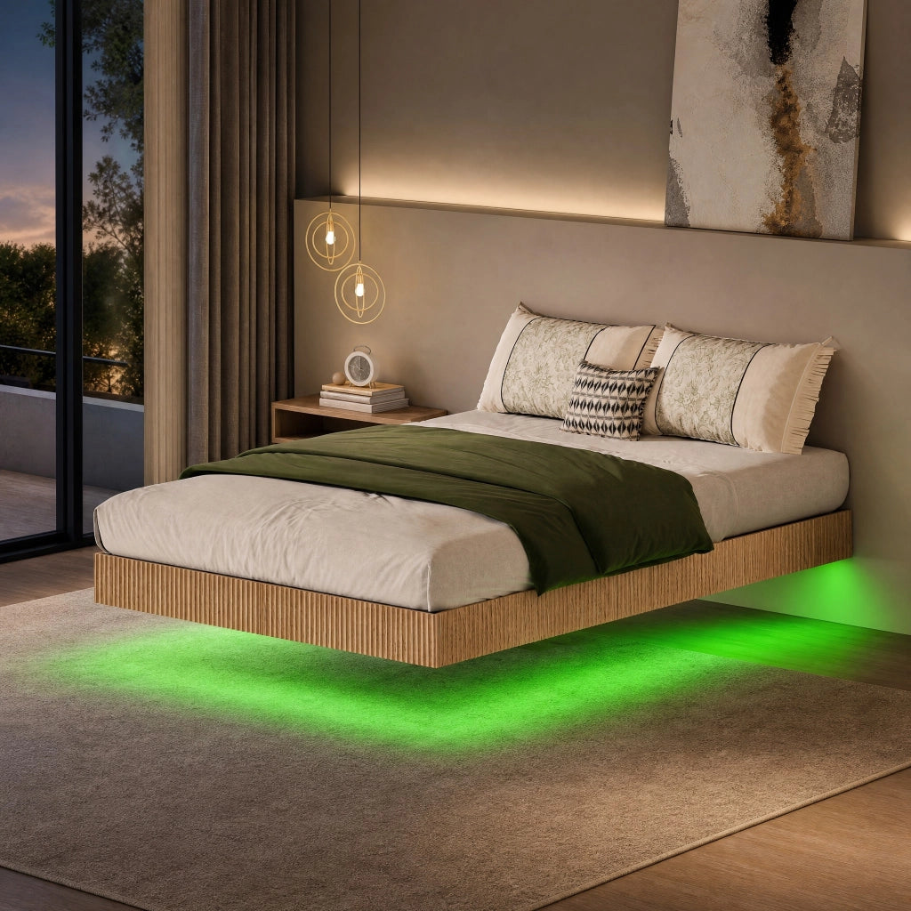 Letto 200x140x25 cm con design sospeso e LED RGB; in ferro e truciolare; naturale