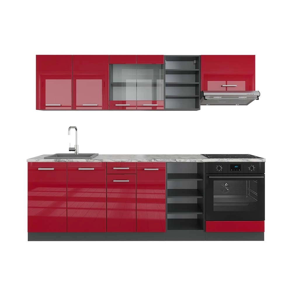 Cucina componibile R-Line Rosso lucido/Antracite 240 cm, PL Marmo Vicco