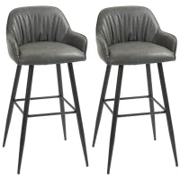 Set 2 Sgabelli da Bar Moderni con Poggiapiedi e Schienale, Finta Pelle PU e Acciaio, Grigio