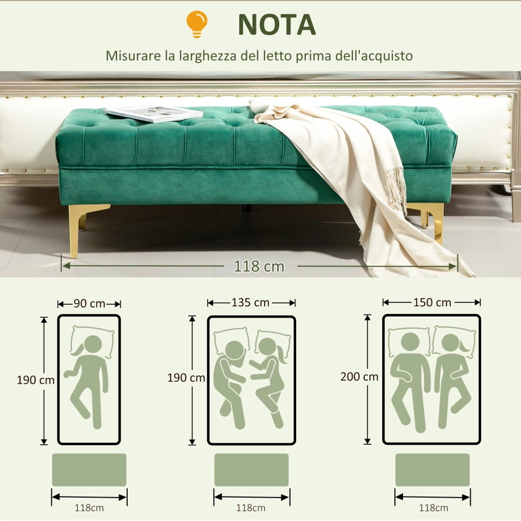 Panca Fondo Letto Imbottita con Rivestimento Trapuntato in Effetto Velluto 118x45x42 cm Verde Scuro