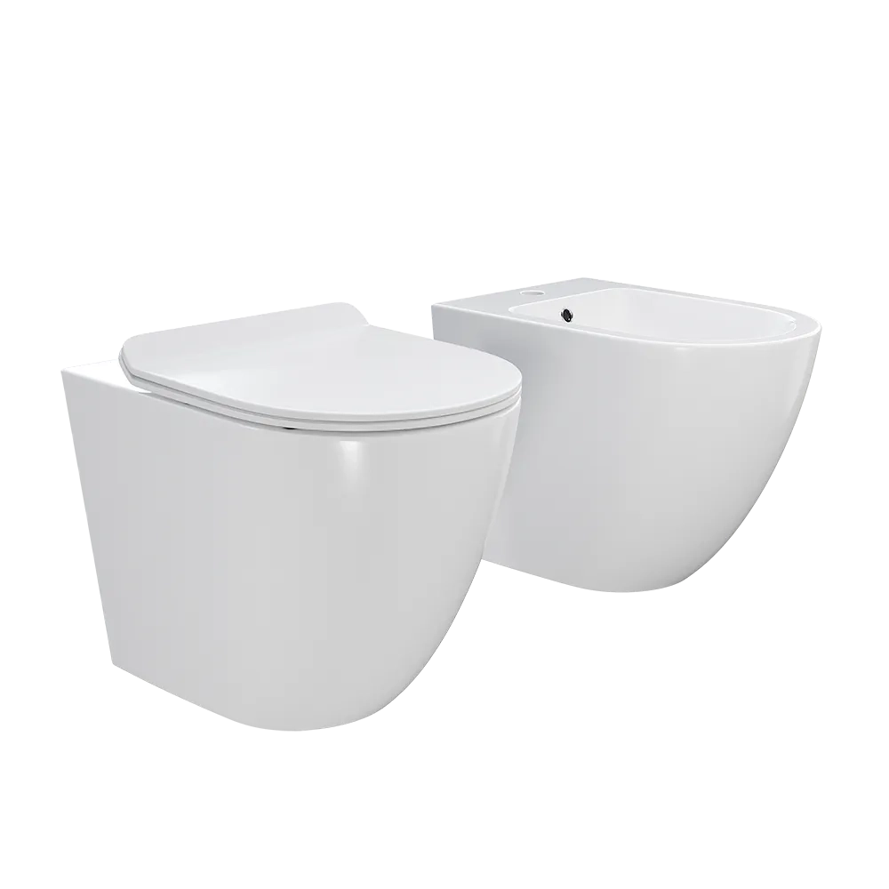 Sanitari filomuro in ceramica bianco lucido vaso tornado silent flush sedile soft-close e bidet | Sydney