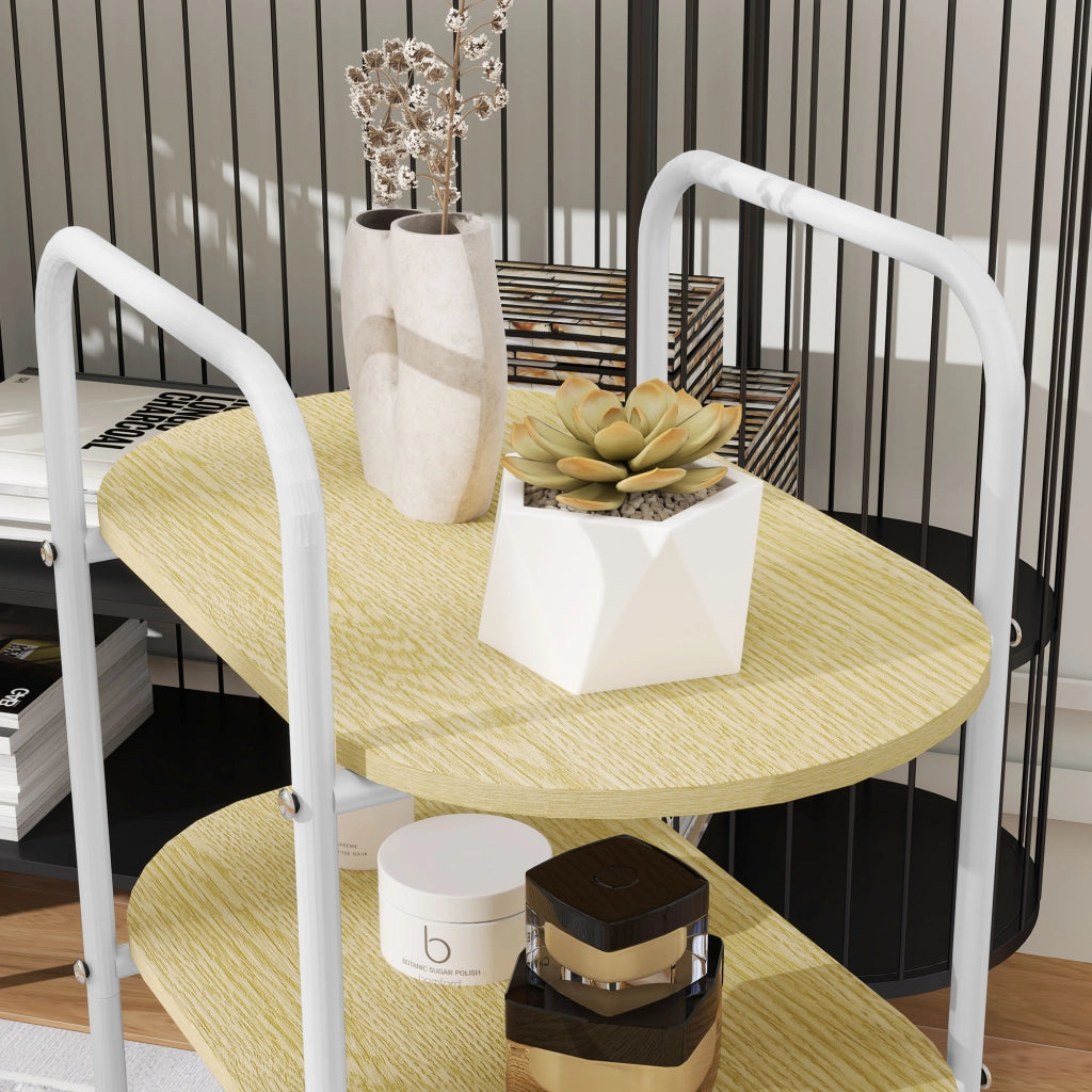 Tavolino con ruote e cestino ¨C zephmum ¨C bianco e legno naturale 49.5x32.5x82.5 cm