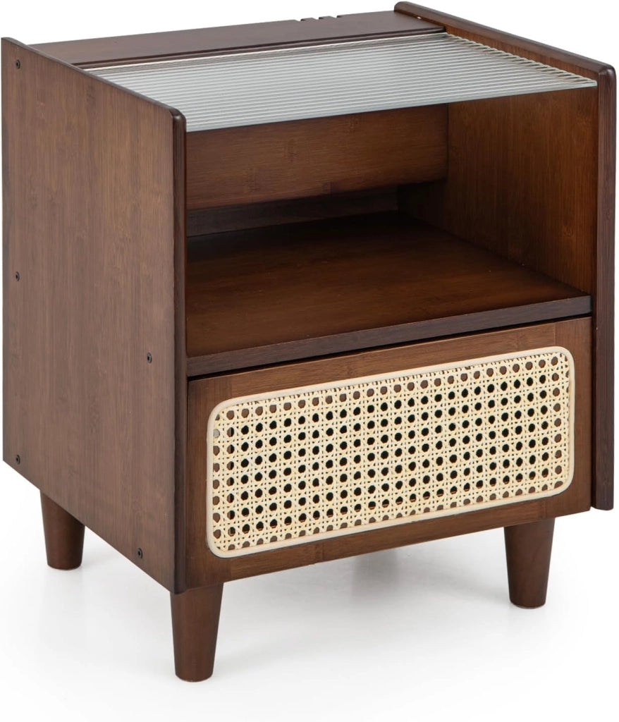 Comodino in Bambù, Comodone da Letto con Cassetto in Rattan e Scomparto Aperto, Tavolino con Piano in Vetro, 43 x 35 x 50 cm (1 Marrone)