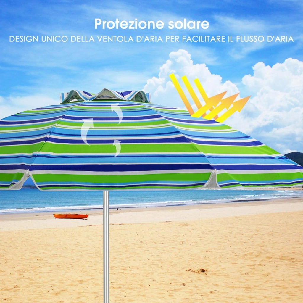 Ombrellone da Spiaggia 198 cm, Ombrello Parasole da Esterno con Palo Inclinabile in Alluminio, Ombrellone Portatile con Borsa di Trasporto, Anti UV 50+, 8 Stecche (Blu e Verde)