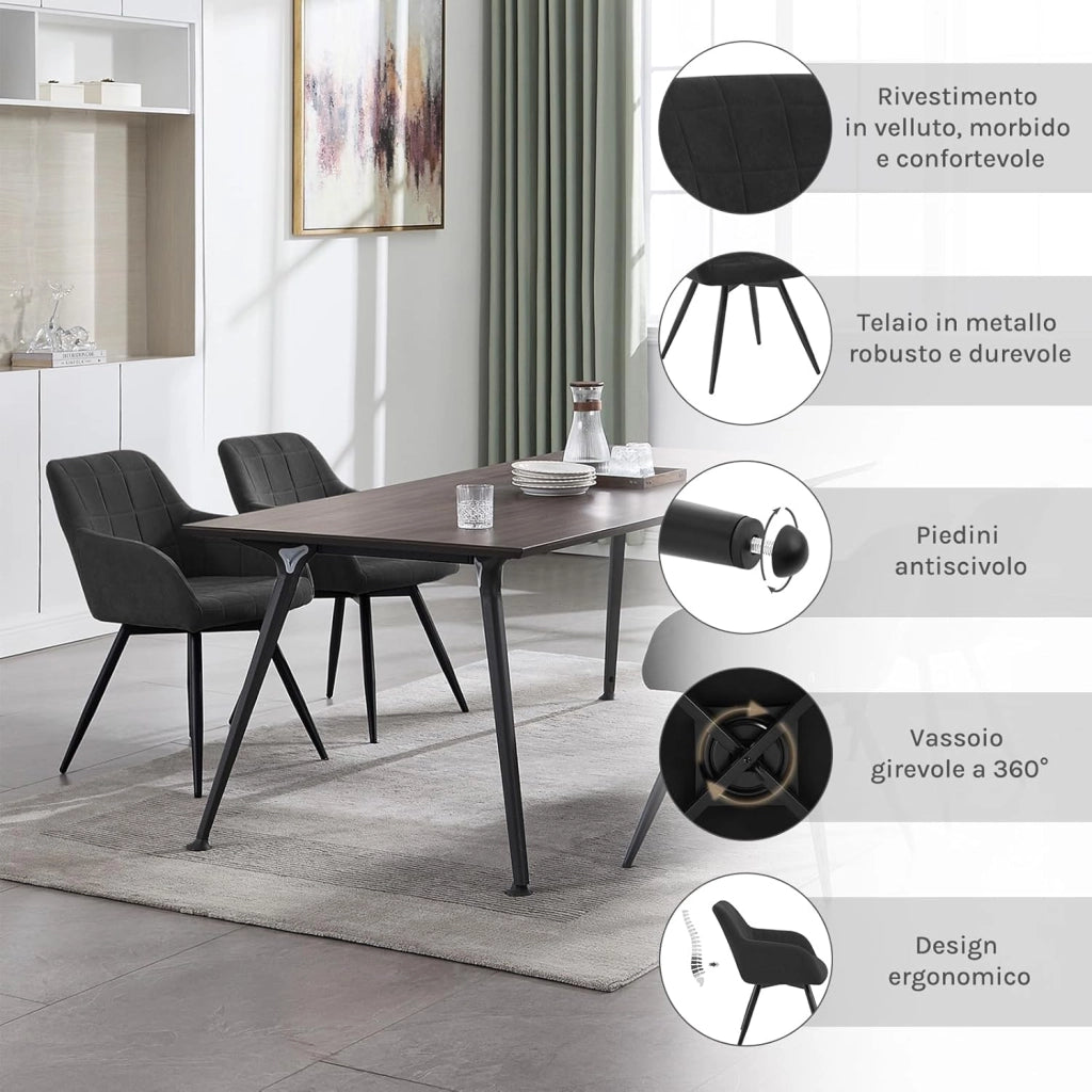 Sedia da Pranzo Girevole, Sedia da Cucina Ergonomica Imbottita in Velluto con Gambe in Metallo, Poltrona per Salotto, Ufficio, Camera da Letto, Balcone, Nero, EZS85sz-1