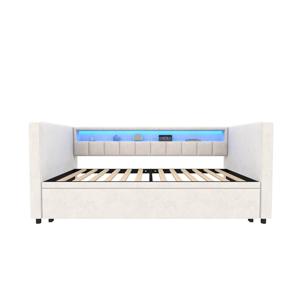 Divano Letto 90x190 con Contenitore, LED, USB, Velluto ¨C Xylo ¨C Beige