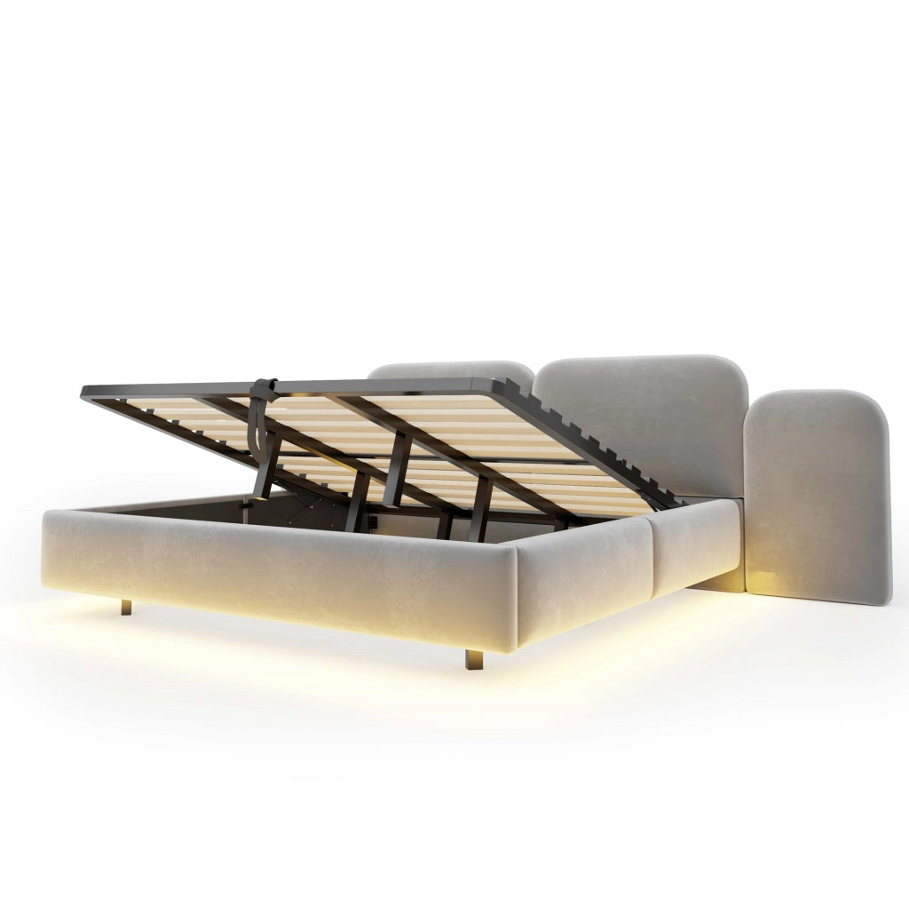 Letto imbottito 180x200 cm con contenitore idraulico, LED RGB e USB-C in velluto grigio