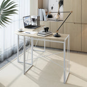 Scrivania angolare in metallo e legno con struttura robusta e piano ampio, per studio e home office, rovere bianco