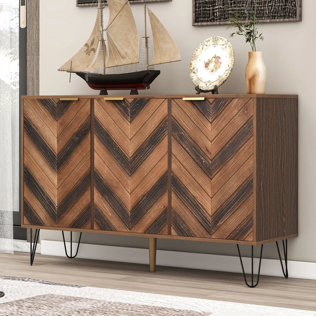 OKWISH Credenza Contenitore con 3 Ante e Ripiani Interni, Maniglie Dorate, Gambe in Ferro, per Soggiorno 120 x 38 x 76.5 cm