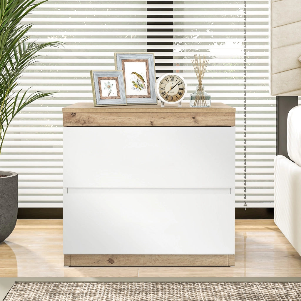 Comodino classico con 2 cassetti, finitura bianco e rovere, in truciolare E1, per camera da letto