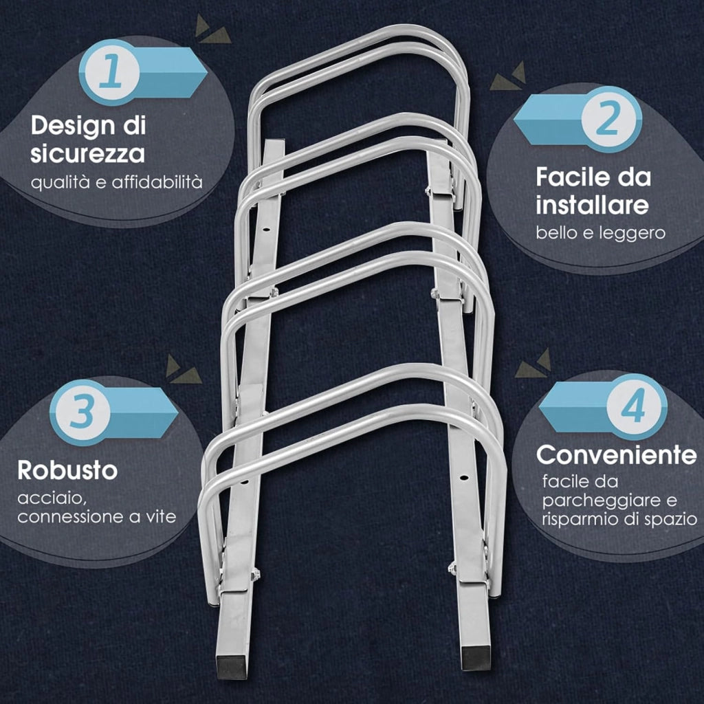 Rastrelliera per Biciclette, Portabiciclette Parcheggio Organizzatore per 4/5/6 Bici, Parcheggio per Biciclette, Telaio d'Acciaio (Argento, 4 Bici)