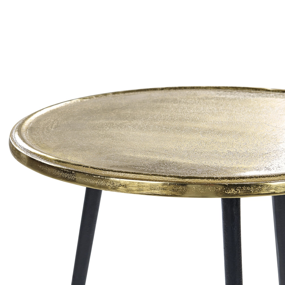 Tavolino d'oro e nero con piano in alluminio e ferro rotondo, ⌀ 43 cm decorato in stile retrò.