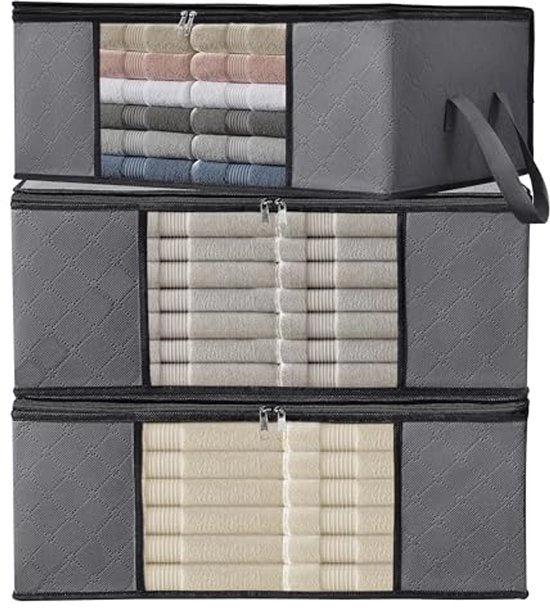 Tas di stoccaggio per capi (35 l, confezione da 3) realizzato con 150 gram di tessuto non tessuto a bassa assorbimento, spesso extra per lo stoccaggio sotto il letto. Questa tasca di stoccaggio per coperte tiene i tuoi abiti organizzati.