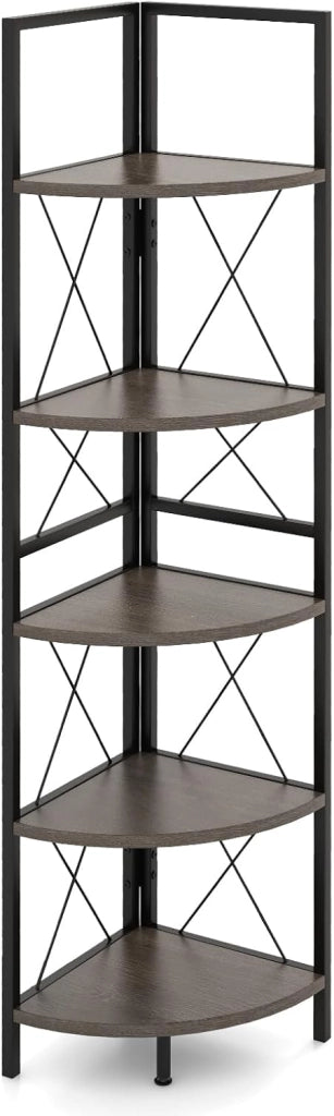 Mensola Angolare a 5 Ripiani, Scaffale Industriale con Struttura, Unità di Stoccaggio Multiuso per Soggiorno, Camera da Letto e Cucina, Marrone/Grigio (Grigio Rovere)