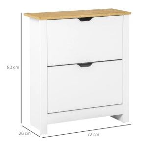 Scarpiera con 2 cassetti estraibili e 4 ripiani, piano d'appoggio, per ingresso, in compensato, bianco, 72 × 26 × 80 cm