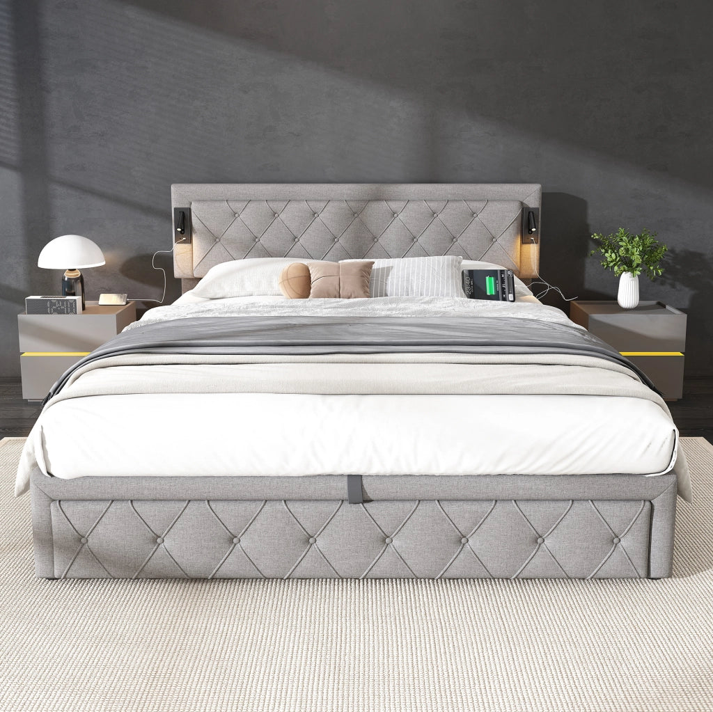 Letto matrimoniale imbottito con contenitore, LED e USB, struttura con rete in legno