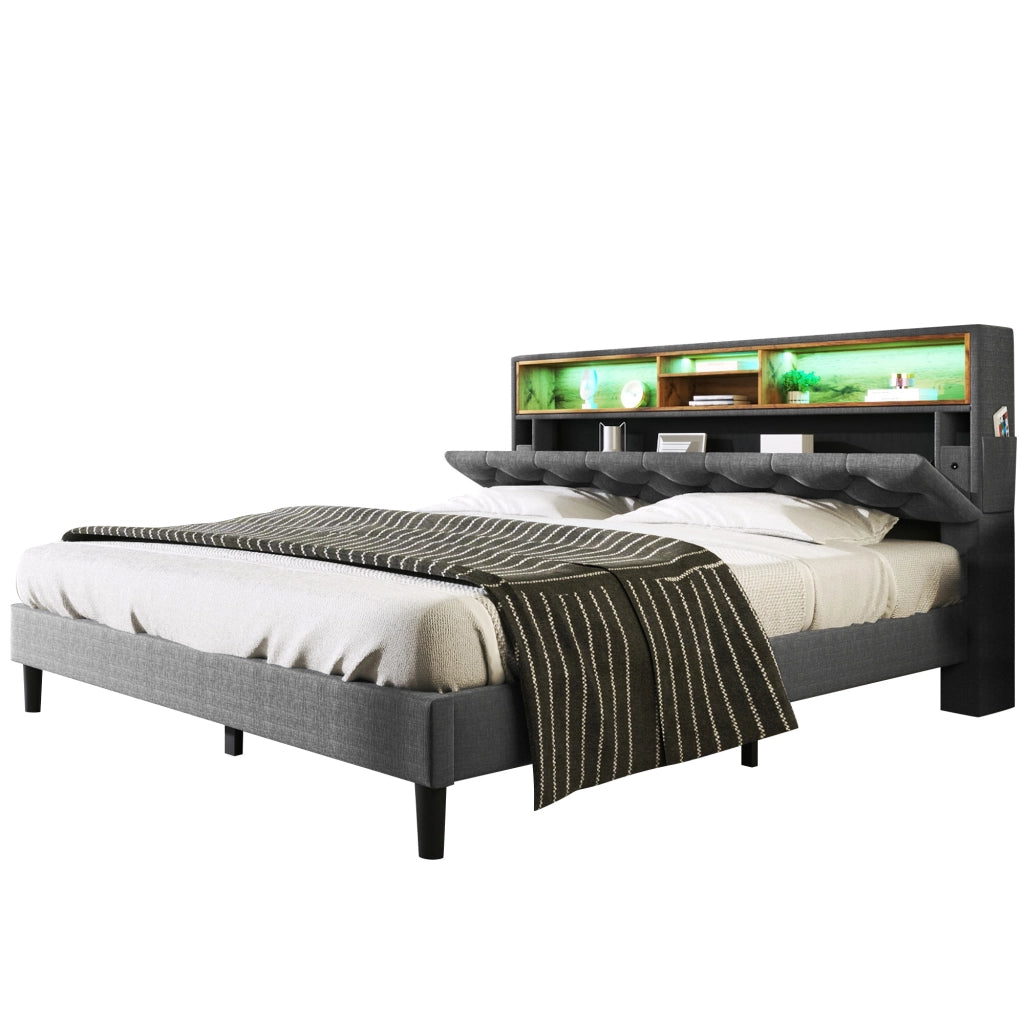 Letto Matrimoniale 140x200 Grigio con Testiera Contenitore; LED Multicolore e Rete a Doghe