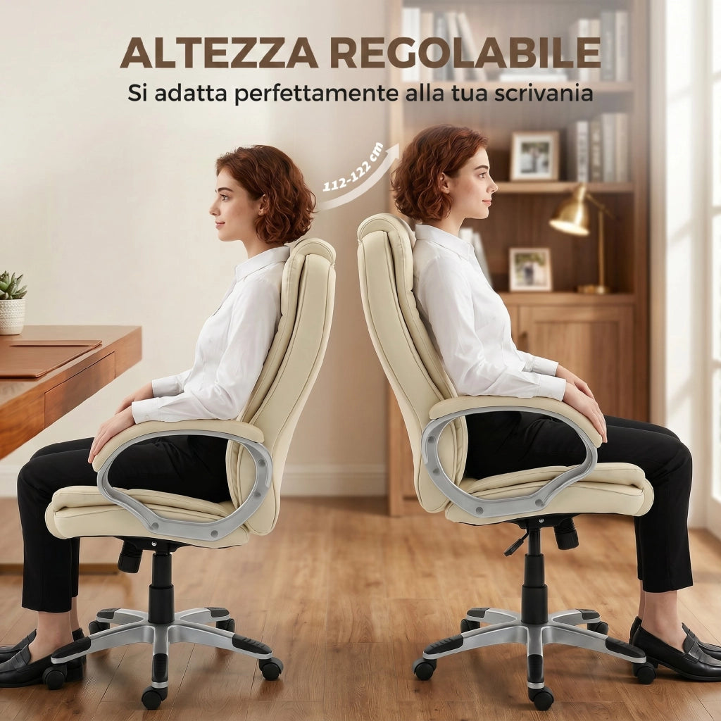 Sedia da Ufficio Girevole in Pelle PU con Dondolo. Schienale Alto e Altezza Regolabile. Beige