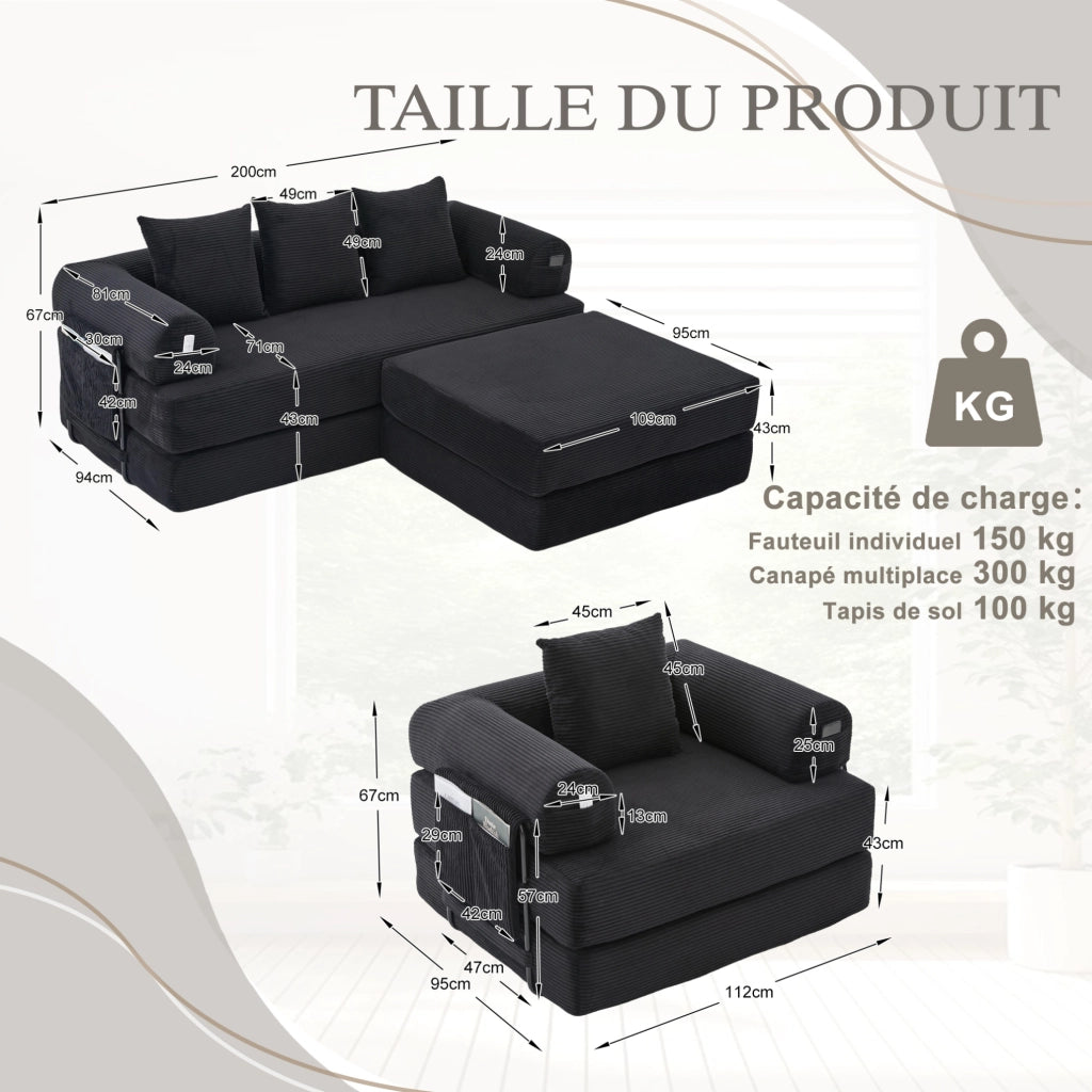 Divano modulare 4 posti ULEVR 200x190x67 cm con pouf, tasca laterale e 3 cuscini, velluto a coste nero