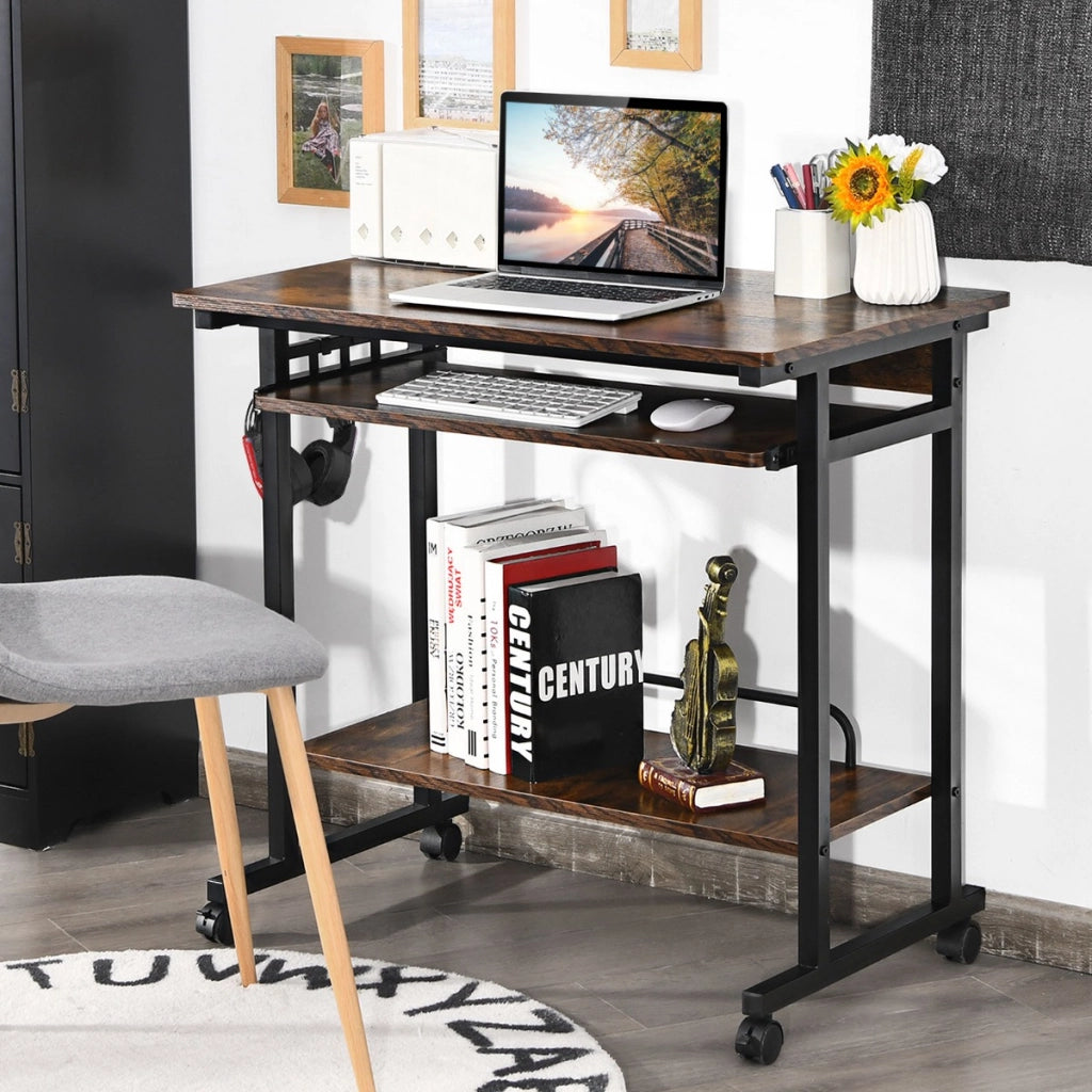 Scrivania mobile per computer con vassoio per tastiera, Carrello per PC portatile su ruote Marrone rustico