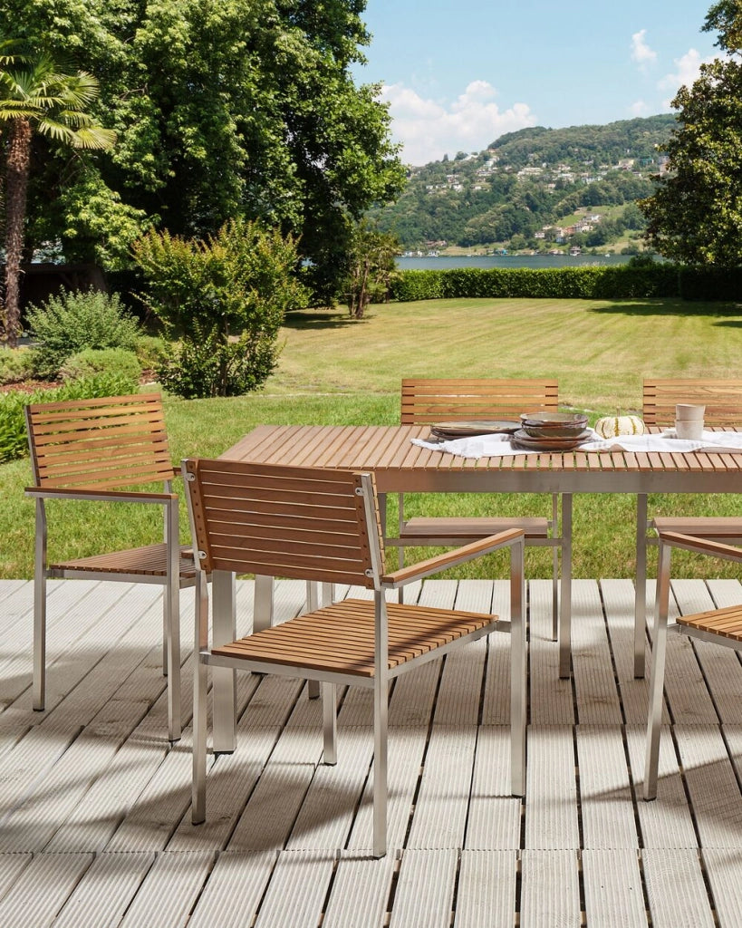 Set da pranzo da giardino da 7 pezzi in legno di teak chiaro con struttura in metallo argento 6 sedie