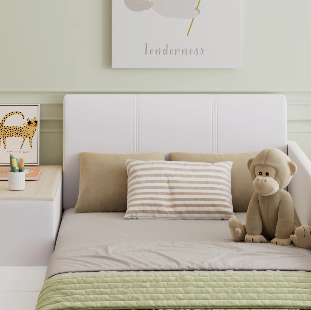 Letto singolo imbottito per bambini 90x200 cm con scrivania, sgabello e ripiano